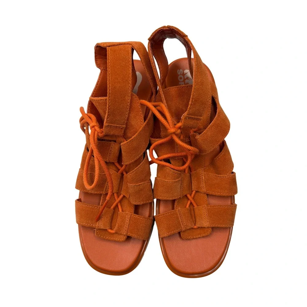 Sorel Cameron Flatform Lace Sandals Orange Suede Platform NL4677-806 Womens 9.5